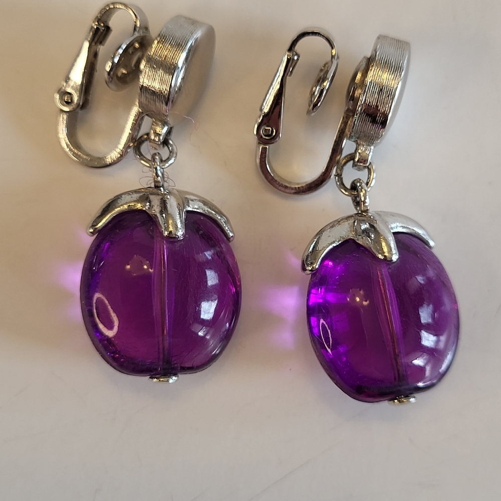 VTG Crown Trifari Silvertone Purple Lucite Dangle Clip On Earrings Waterfall 60s - Picture 2 of 15